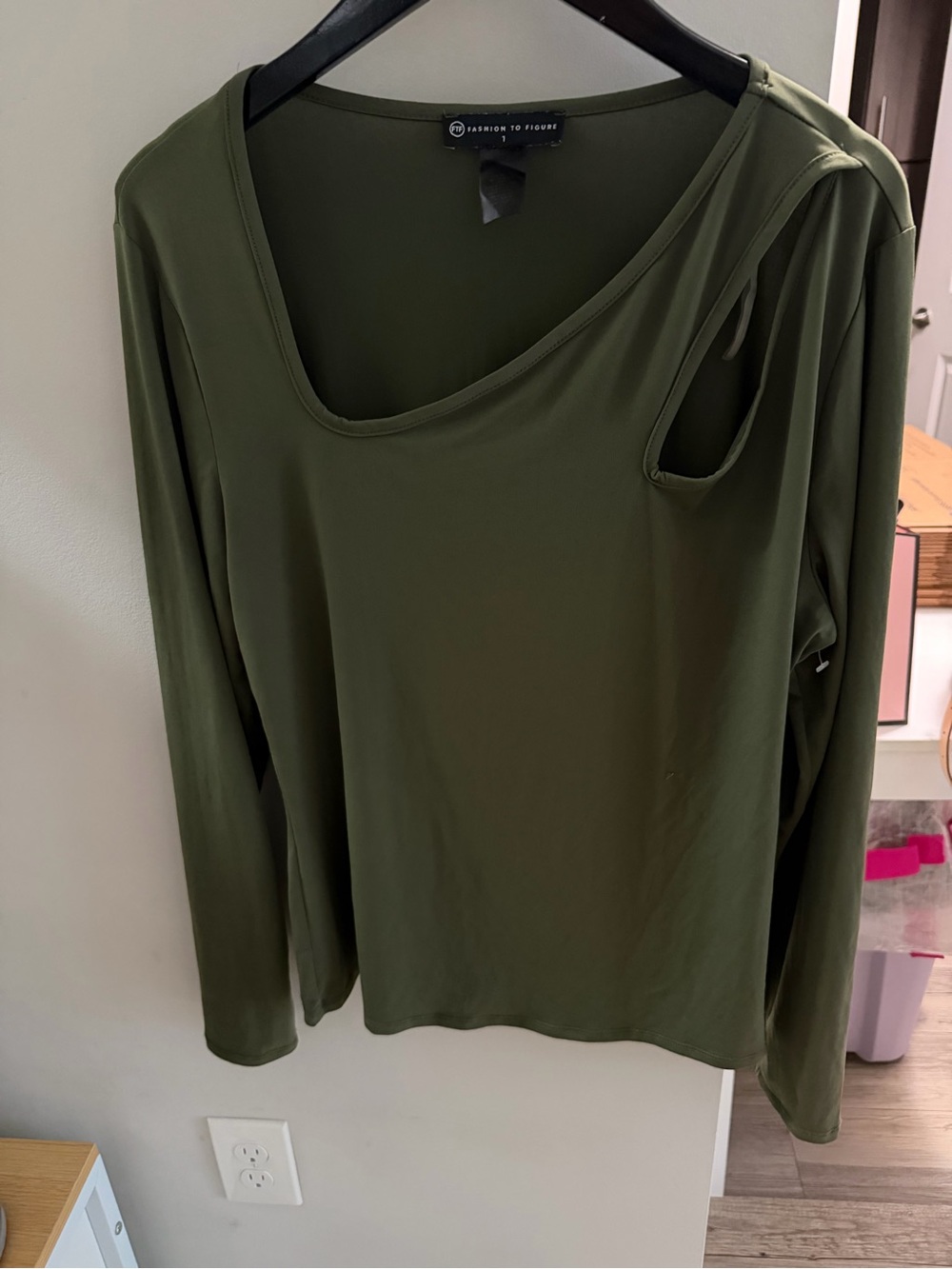 Fashion to Figure Olive Green Long Sleeve Scoop Neck Cutout Top